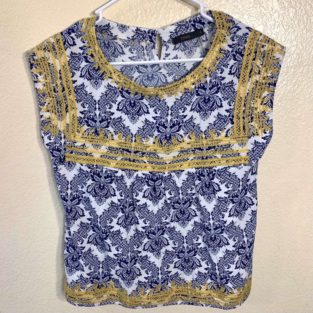THML Cap Sleeveless Damask Floral Embroidered Top Navy Blue/Gold Trim 100% Rayon